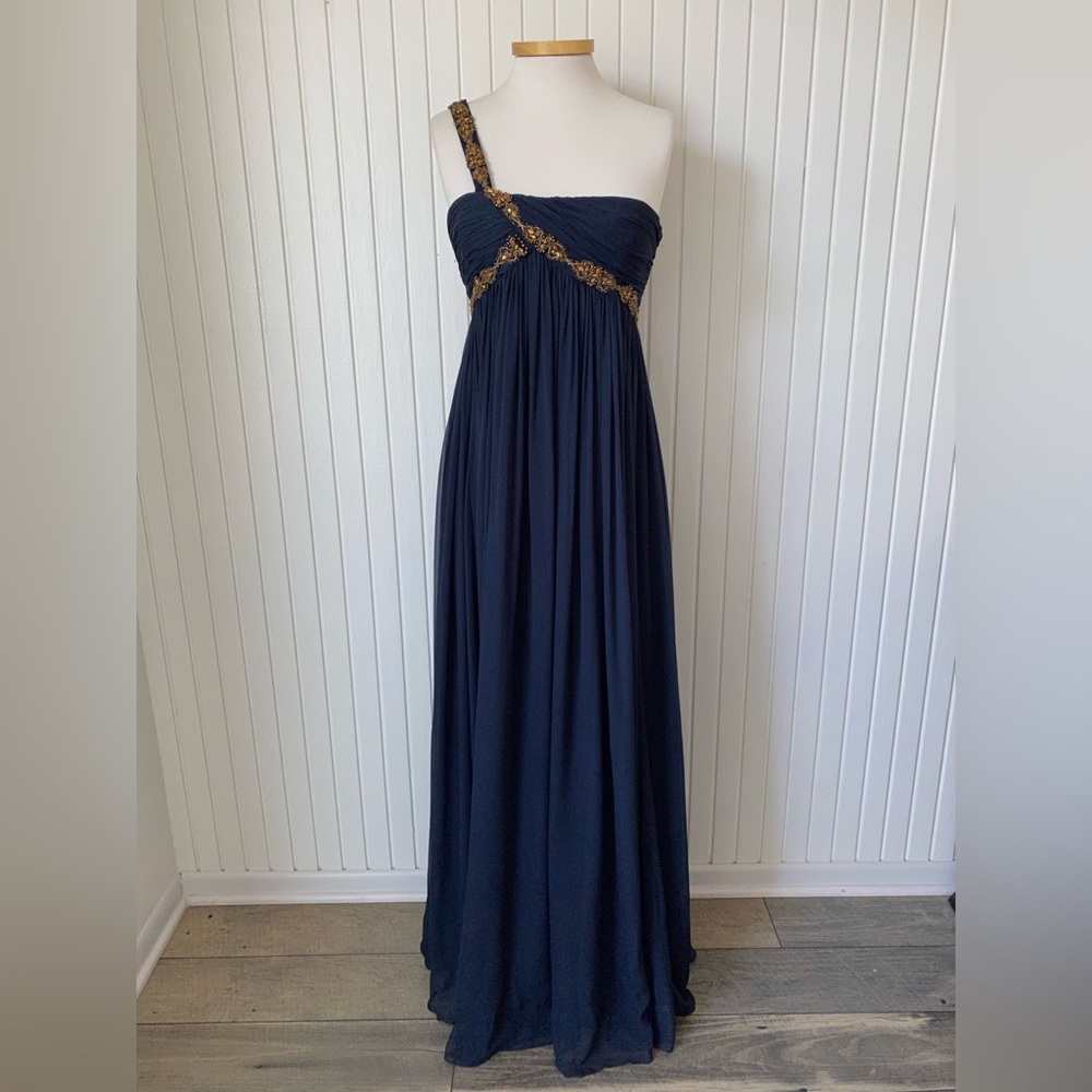 Marchesa Notte Navy One-Shoulder Chiffon Evening Gown Dress Gold Beading Flaw